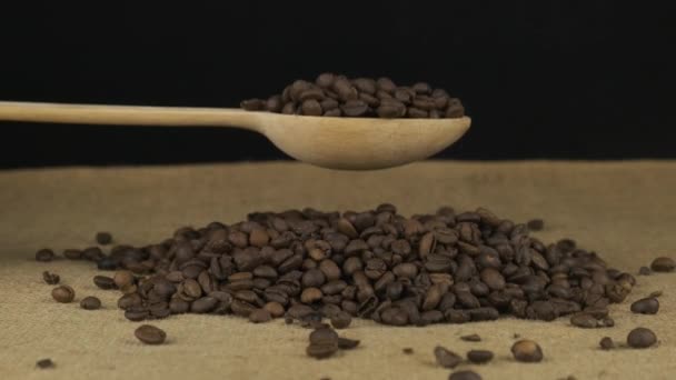 Ruka zvedne dřevěnou lžíci s kávovými zrny. Obilí padá z lžíce na hromadu zrn na černém pozadí. — Stock video
