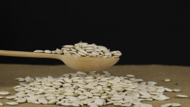 Hand raises a wooden spoon with pumpkin grains. Grain falls from a spoon onto a pile of grains on a black background. — Stock Video