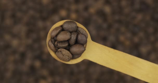 Colher de grãos de café sobre as sementes de café desfocadas rotativas. Vista superior. Fundo alimentar. — Vídeo de Stock