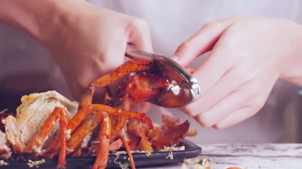 一个女孩剥下龙虾壳吃龙虾 — 图库视频影像