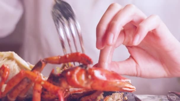 Una Chica Pelando Una Cáscara Langosta Comiendo Langosta — Vídeos de Stock