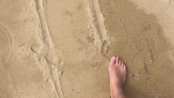 Giocare Scrivere Sulla Spiaggia Piedi Nudi — Video Stock