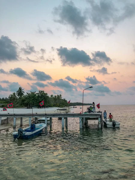 Fehendhoo Island Maldivler Mart 2018 Pier Tekneler Fehendhoo Adası Maldivler — Stok fotoğraf