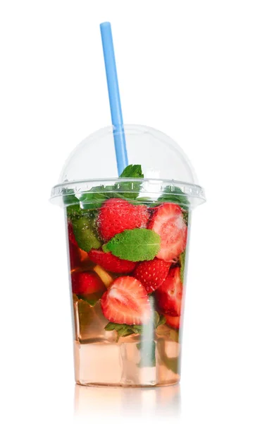 Lemonade Lime Strawberry Mint Plastic Cup Drink Straw Isolated White — Stock Photo, Image