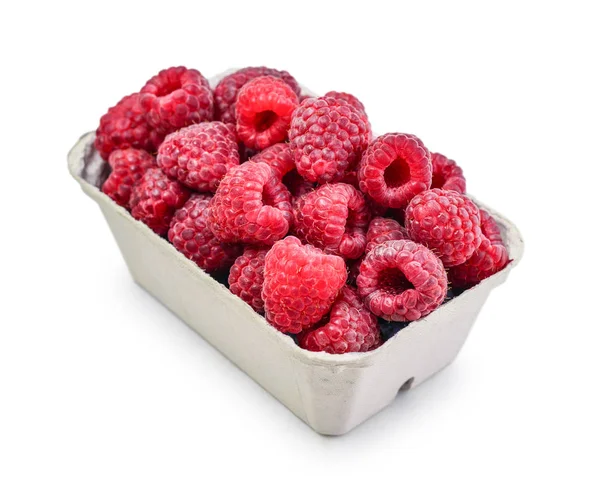 Fresh Raspberries Paper Carton Isolated White Background Clipping Path Include — Stock Photo, Image