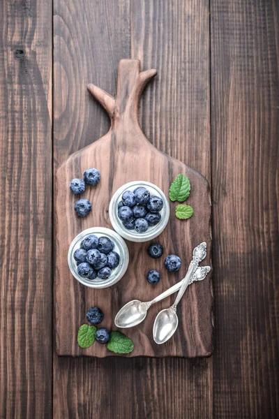 Chia Tohum Vanilyalı Puding Ahşap Arka Plan Üstten Görünüm Üzerinde — Stok fotoğraf