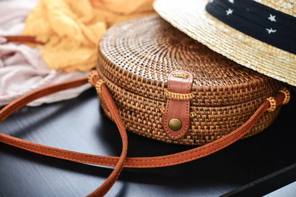 Fashionable Handmade Natural Organic Rattan Bag Clothes Table Closeup Ecobags — Stock Photo, Image