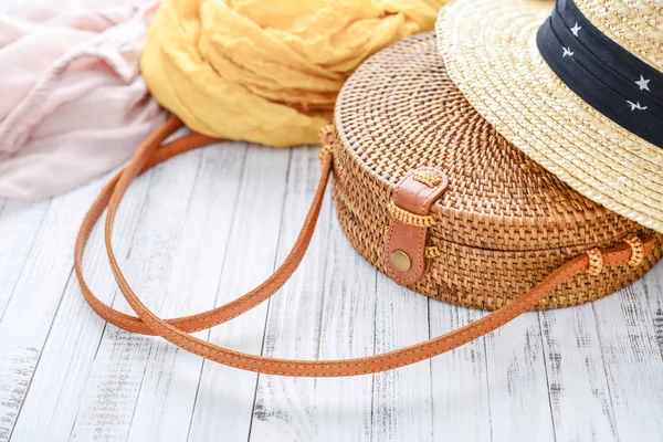 Fashionable Handmade Natural Organic Rattan Bag Clothes Wooden Background Closeup — Stock Photo, Image