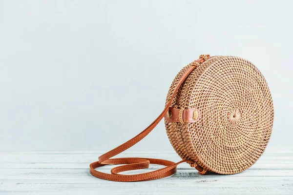 Fashionable Handmade Natural Organic Rathan Bag Blue Background Closeup Экобаги — стоковое фото
