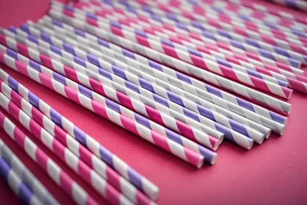 Colorful Drinking Striped Straws Pink Background Closeup — Stock Photo, Image