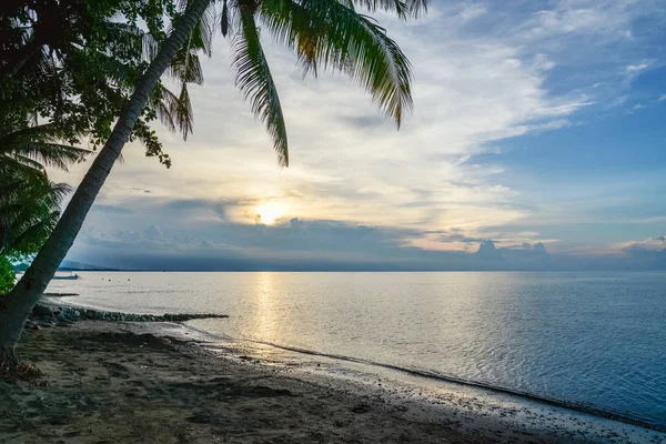 Bali Gündoğumu Palmiye Ağaçları Ile Güzel Tropikal Deniz Manzarası — Stok fotoğraf