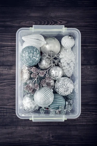 Box Christmas Decorations Wooden Background Top View — Stock Photo, Image