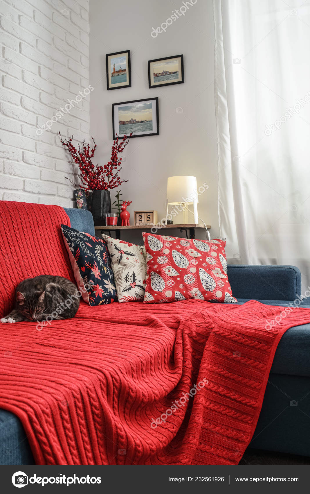 Christmas Decorations Candles Red Plaid Couch Cat Living