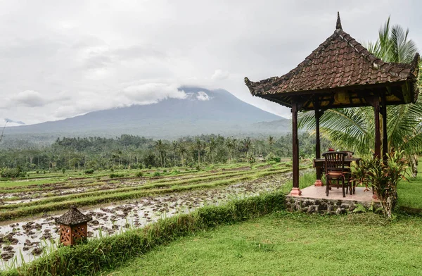 Pavilon Asztal Szék Rizs Mezők Kilátással Agung Volkano Felhős Bali — Stock Fotó