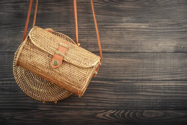 Fashionable Handmade Natural Organic Rattan Bags Wooden Background Ecobags Bali — Stock Photo, Image