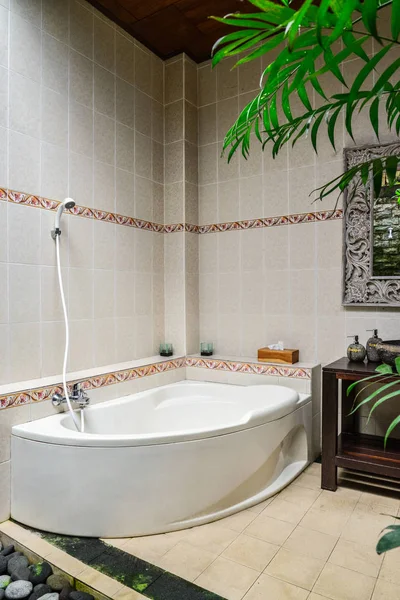 Salle de bain avec lavabo, miroir et baignoire — Photo