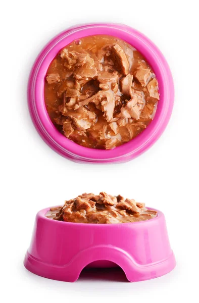 Wet cat food in pink bowl — Stock Photo, Image