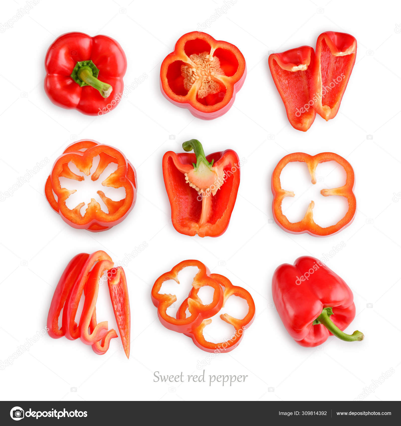 Set of fresh whole and sliced sweet red pepper Stock Photo by ©tashka2000 309814392