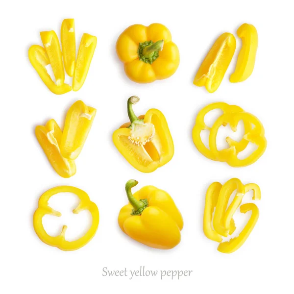Conjunto de pimentão amarelo doce fresco inteiro e fatiado — Fotografia de Stock