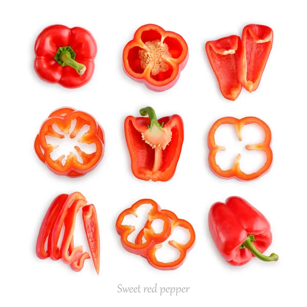 一套新鲜的全和切片甜红辣椒 — 图库照片