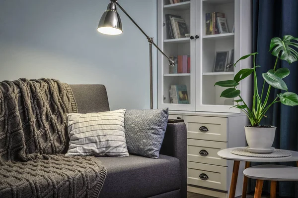 Grey Couch Cushions Knitted Plaid Floor Lamp Room Blue Walls — Stock Photo, Image