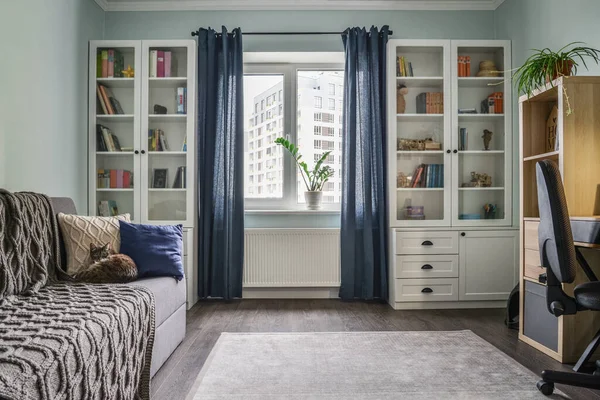 Light Cozy Teen Room White Bookcases Grey Sofa Blue Wall — Stock Photo, Image