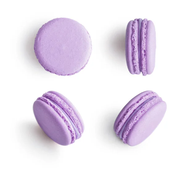 Conjunto Macarrones Franceses Violetas Aislados Sobre Fondo Blanco Vista Superior —  Fotos de Stock