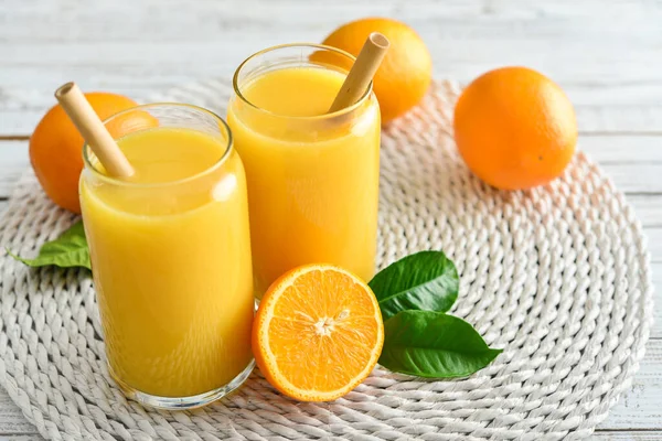 Two Glasses Fresh Orange Juice Bamboo Drinking Straws Light Wooden — Stock Photo, Image