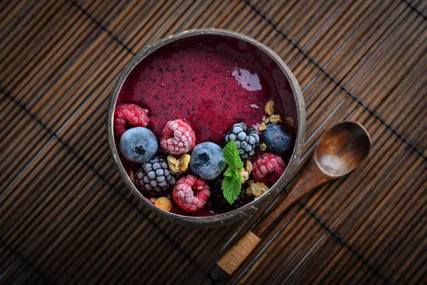 Acai Smoothie Bowl Blueberry Blackberry Raspberry Granola Chia Seeds Bowl — Stock Photo, Image