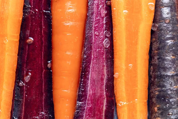 Zanahoria Púrpura Naranja Lista Para Asar Cerca Puesta Plana — Foto de Stock