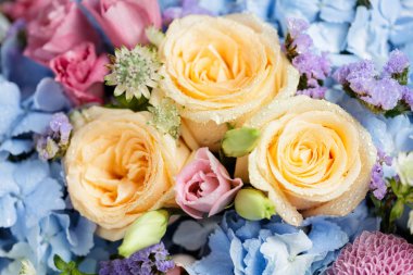 Güzel yumuşak renk çiçek buketi mavi Hydrangea, Şeftali güller, pembe lisianthus, ping pong anneler ve astrantia, yakın çekim.