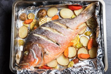 Fırında sebzeli fırın, yemeye hazır gelen red snapper balık destekli