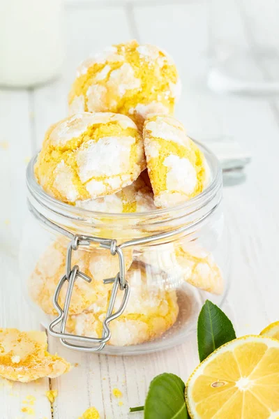 Cracked Lemon Cookies Small Glass Jar White Background Vertical Composition — Stock Photo, Image