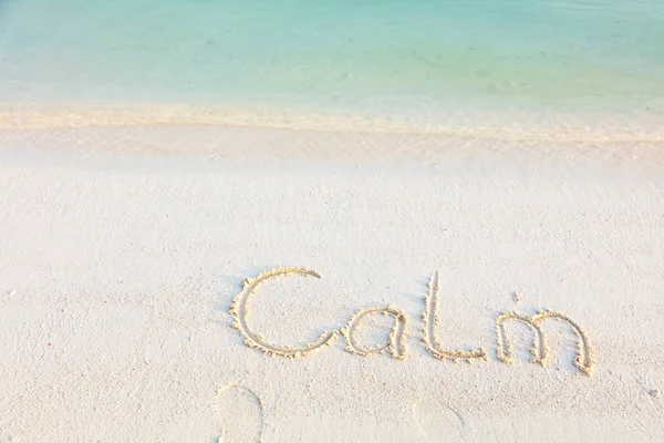 Word Calm Written Sand Beach Morning Sea Background — Stock Photo, Image