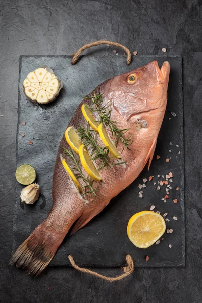 新鲜腌制生红鲷鱼与柠檬片 大蒜和迷迭香草药 在黑暗的背景 垂直组合 — 图库照片