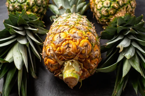 Close Three Ripe Fresh Pineapples Dark Background — Stock Photo, Image