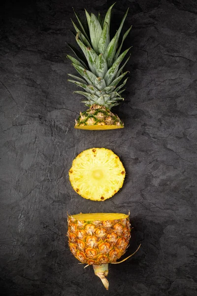 Fresh Ripe Pineapple Cross Sections Dark Background Vertical Composition — Stock Photo, Image