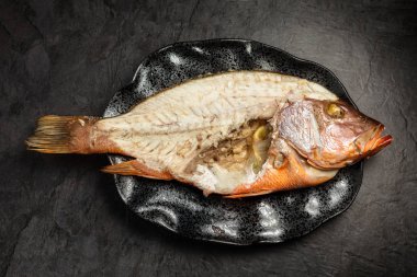 Yarı çıplak kemikli, kırmızı balık yiyen, koyu arka planda, üst manzaralı.