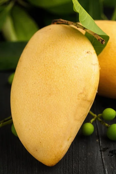 Rijpe Gele Mango Donkere Houten Achtergrond Verticale Compositie — Stockfoto