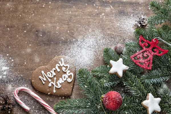 Kerstmis Decoratie Achtergrond Donkere Houten Achtergrond Bovenaanzicht Horizontale Foto Van — Stockfoto