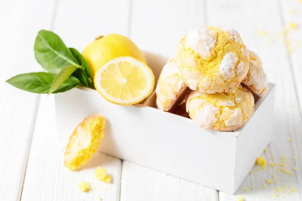 Lemon Cookies White Wooden Box White Background — Stock Photo, Image