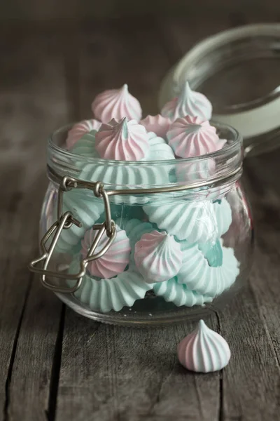 Light Pink Blue Meringues Glass Jar Dark Background Vertical Composition — Stock Photo, Image