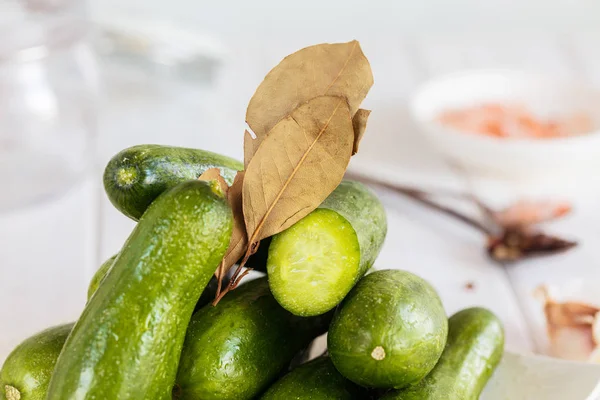 Ingredients Cooking Pickled Cucumbers White Background — Stock Photo, Image