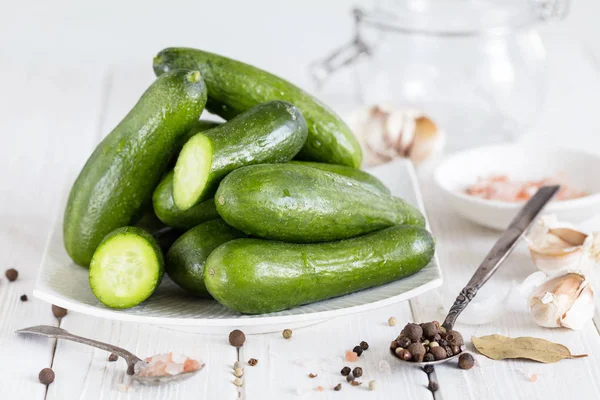 Ingredients Cooking Pickled Cucumbers White Background — Stock Photo, Image