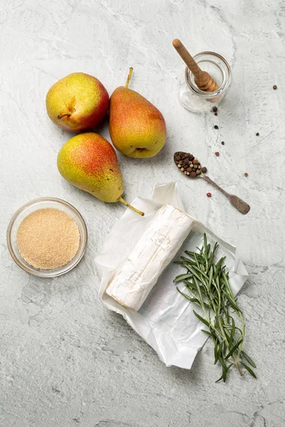 Ingredients Pear Tart Goat Cheese Rosemary Honey Top View Flat — Stock Photo, Image