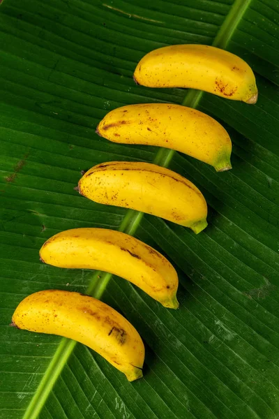 Mazzo Banane Fresche Foglie Banana Vista Dall Alto Composizione Verticale — Foto Stock