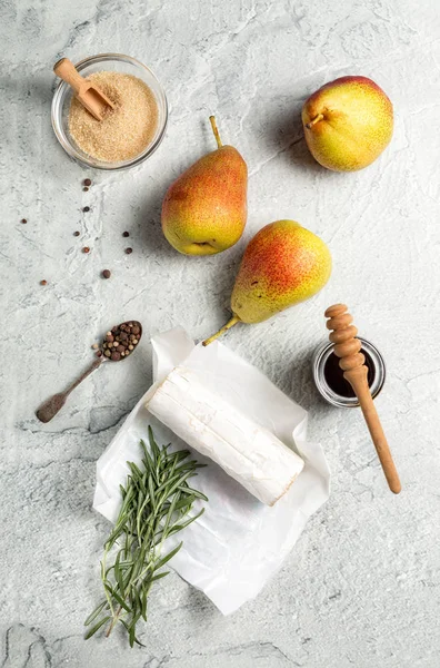Ingredients Pear Tart Goat Cheese Rosemary Honey Top View Flat — Stock Photo, Image