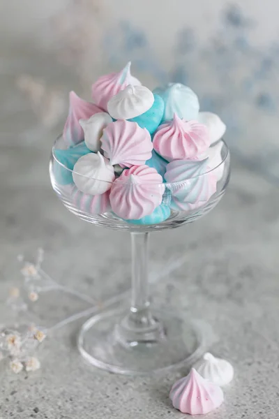 Homemade Pastel Pink Blue White Meringue Glass Neutral Grey Background — Stock Photo, Image