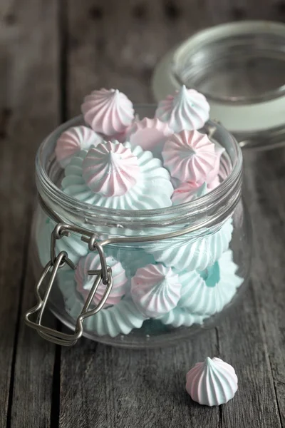 Light Pink Blue Meringues Glass Jar Dark Background Vertical Composition — Stock Photo, Image