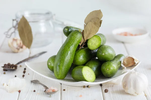 Ingredientes Para Cocinar Pepinos Escabeche Sobre Fondo Blanco — Foto de Stock